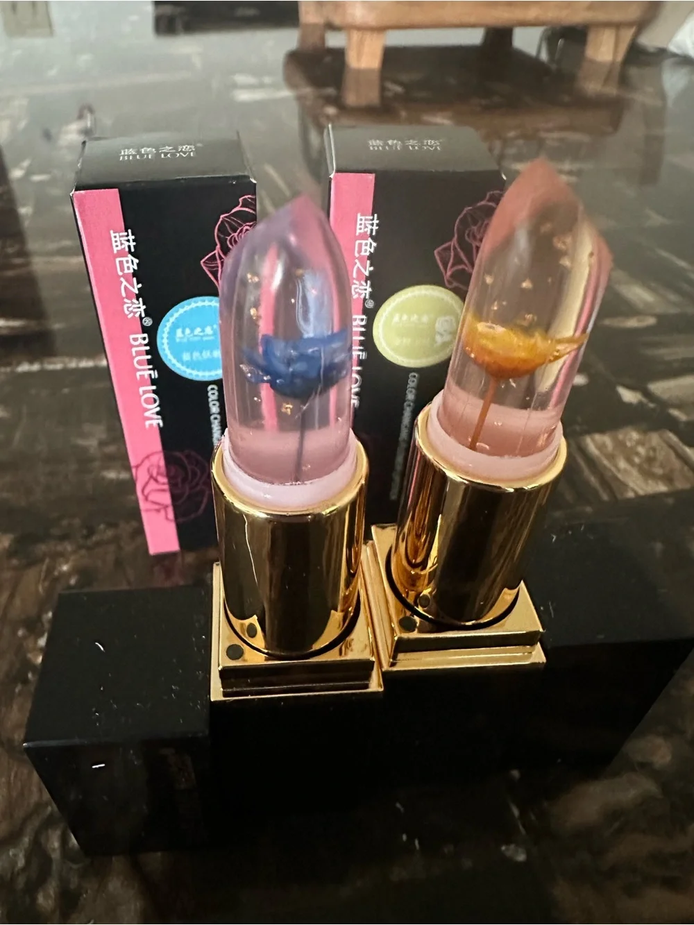 Floral Jelly Lipstick — Pink Tint with Blue & Gold Flower Accents